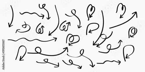 A complex arrangement of hand drawn arrows and loops on a plain white background with no discernible pattern or order