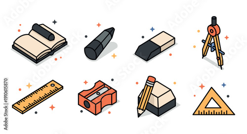 A collection of stationery items including a notebook, pencil, ruler, eraser, and compass in flat modern vector style, ideal for educational materials and graphic design