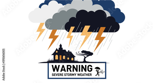 A stark warning illustration depicting severe stormy weather with lightning, heavy rain, and strong winds threatening a house and a lone tree.