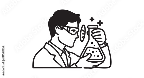 Scientist conducting experiment with flask and test tube, examining chemical reaction, laboratory setting, illustration, close-up view