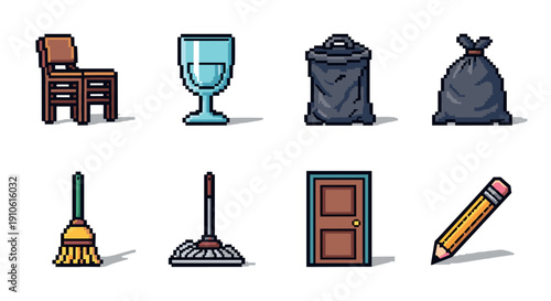 A collection of household items including a chair, glass, trash bags, broom, mop, door, and pencil in flat pixel style, ideal for cleaning and home-related projects