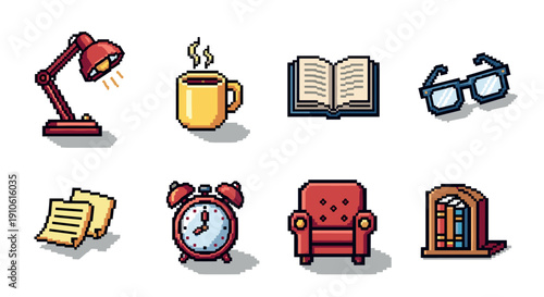 A collection of pixel art icons including a lamp, coffee mug, open book, glasses, notes, alarm clock, chair, and door, in a nostalgic retro vector style, perfect for home and office design projects
