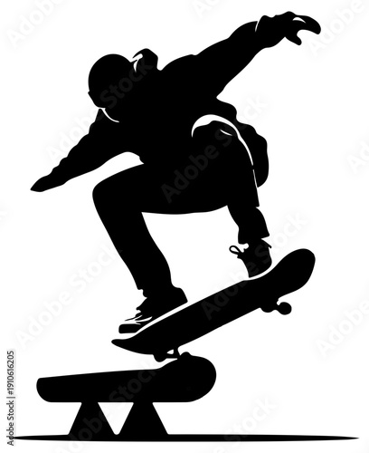 Skateboarder performs trick on rail black silhouette on white background action sports icon