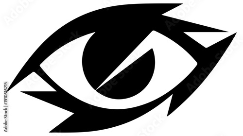 Black slashed eye icon with sharp lines and white background symbolizing privacy or warning concept