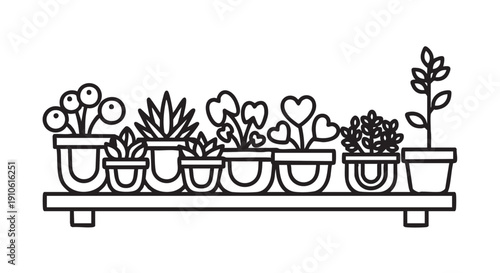 Various potted plants displayed on a shelf, showcasing different flowers and foliage in a simple, line-art style.