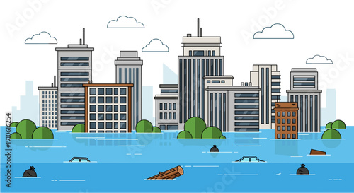A modern city skyline is severely impacted by a devastating flood, illustrating the critical consequences of climate change and natural disasters.