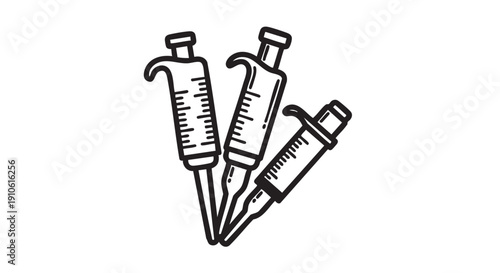 Medical syringes arranged together in a simple black and white illustration