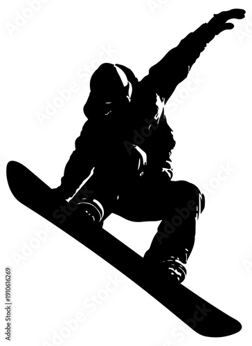 Silhouette of a snowboarder jumping high in mid air against a white background performing a trick