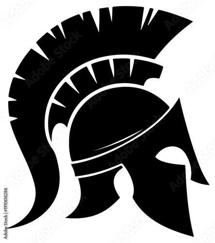 Black silhouette of a spartan warrior helmet with crest on white background symbolizing strength and courage