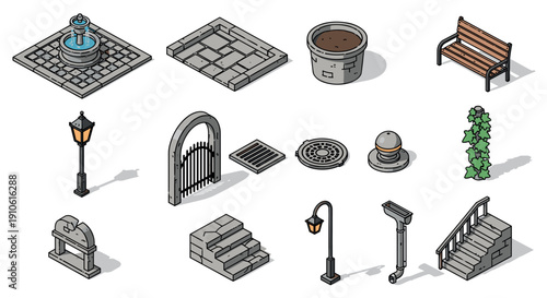 A collection of urban park elements including a fountain, bench, and lamp in isometric vector style, perfect for landscape design projects