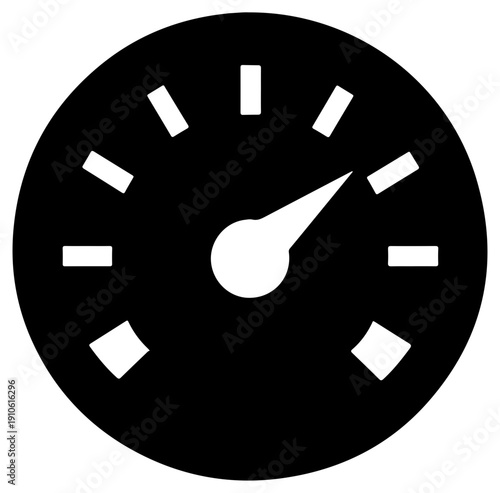 Black filled icon of a speedometer gauge isolated on white background with white dial and markers