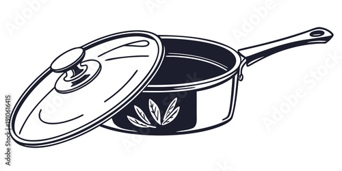 A black frying pan with a lid and a handle on the right side.