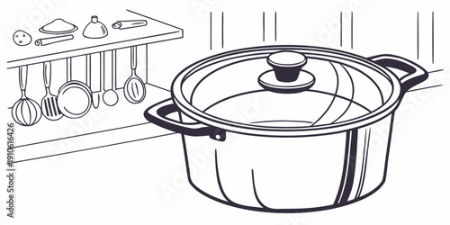 A large pot with a lid sits on a stove, surrounded by various kitchen utensils.