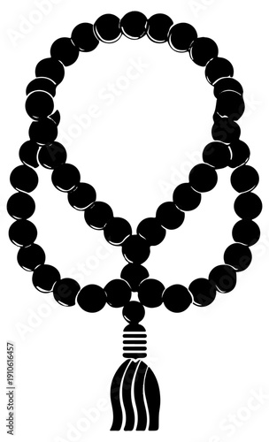 Black mala prayer beads icon with tassel buddhist meditation symbol spirituality and mindfulness concept