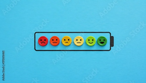 Feedback rating scale with emoji faces from sad to happy in red yellow green on blue background, customer satisfaction survey concept with copy space featuring review, evaluation, user experience