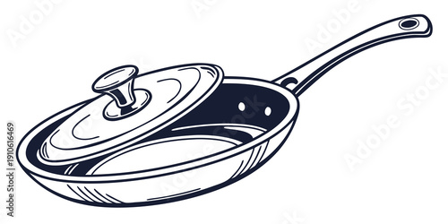 A black and white illustration of a frying pan with a lid and a handle