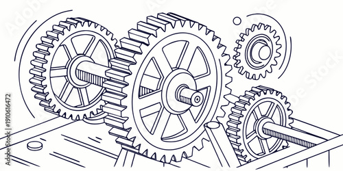 Intricate mechanical gears and components in a detailed line drawing illustration