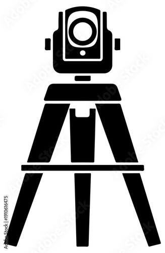 Black filled icon of surveyor's tripod theodolite on white background for design and engineering