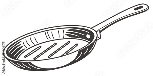 A black and white illustration of a frying pan with a long handle.