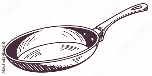 A black and white illustration of a frying pan with a long handle