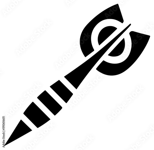 Black filled icon of a throwing dart hitting a target on white background symbolizing accuracy and precision in business and gaming