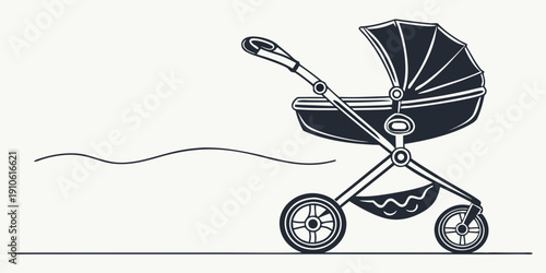 Baby stroller with a blue canopy and a white handle, parked on a white background.