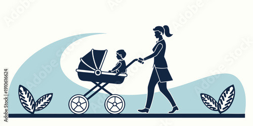 Mother and child strolling in a park with a baby carriage