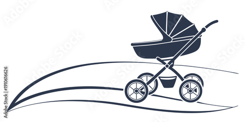 A stylized baby stroller with a blue canopy on a wavy line background