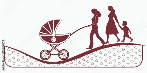 A family of four enjoying a leisurely walk in the park with a stroller