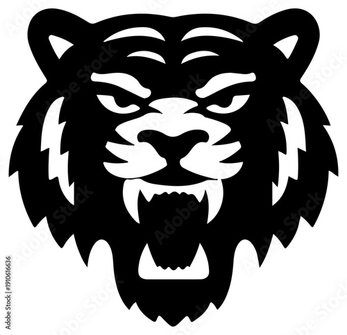 Black tiger head icon with sharp teeth and aggressive expression on white background