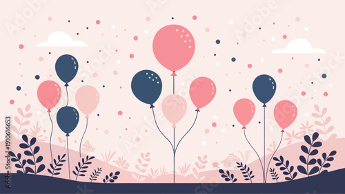 Vibrant balloons floating in whimsical garden with flowers and clouds