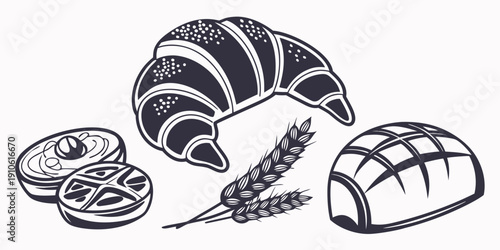 Assorted bakery items including croissants, bread, and wheat