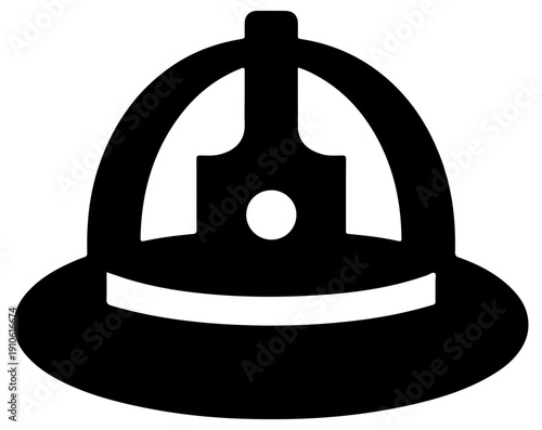 Black filled icon of a traditional firefighter helmet on white background with white stripe