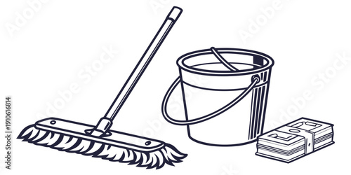Cleaning supplies including a broom, dustpan, bucket, and cleaning wipes.