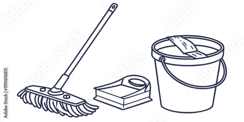 A broom, dustpan, and bucket for cleaning floors and surfaces.