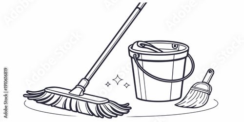 Cleaning supplies including a broom, dustpan, and bucket for tidying up.