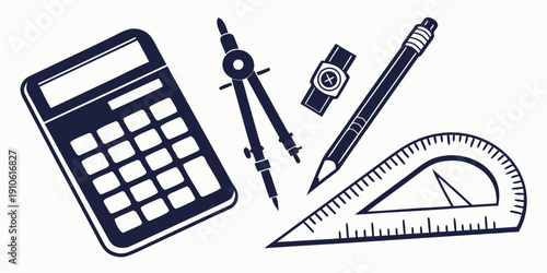 A variety of school supplies including a calculator, compass, pens, and rulers