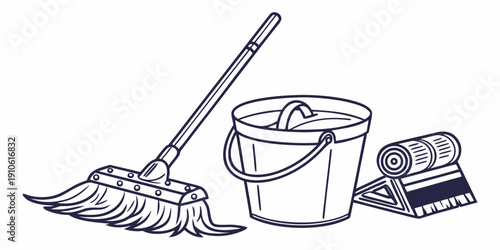 A bucket, mop, and roll of tape on a white background.