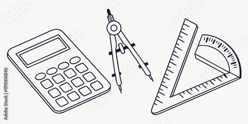A collection of essential school tools including a calculator, compass, and set square