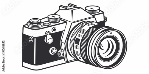Vintage camera with lens and strap, black and white illustration