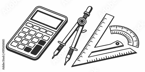 A collection of geometric drawing tools and a calculator on a white background