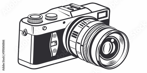 Vintage camera with detailed lens and body design in black and white