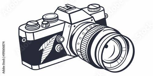 Vintage camera with detailed lens and flash components in black and white