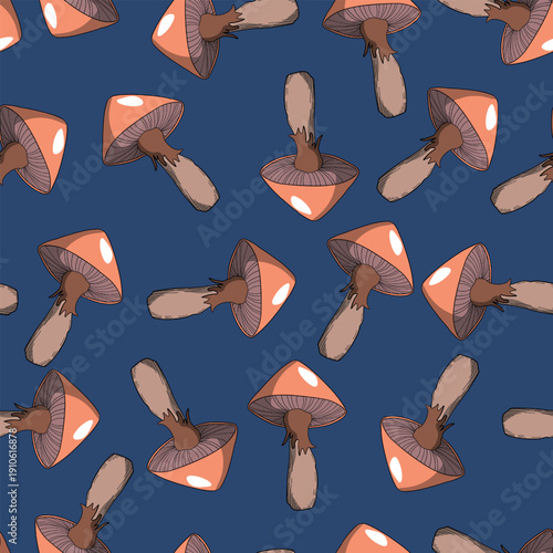 Seamless pattern with mushrooms. Hand drawn vector illustration. Vegan food menu. Poisonous and edible mushroom. Autumn mushroom picking, forest plant sketches.