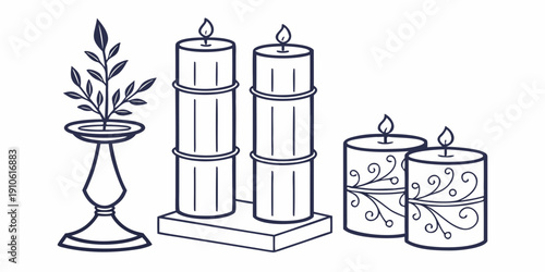 An assortment of vintage candle holders and a decorative plant