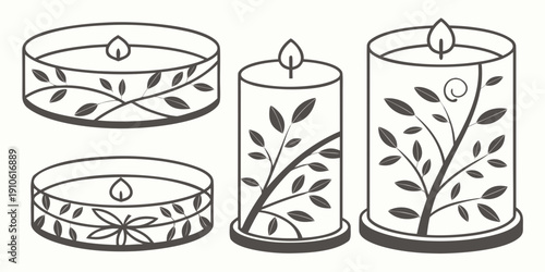 Three cylindrical containers with intricate leaf patterns and candle-like tops