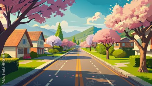 Very beautiful springtime road lined with blooming trees near a hillside academic campus, capturing fresh greenery and vibrant seasonal colors in a peaceful neighborhood.
