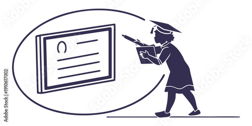 Graduate student holding a diploma and a book in front of an award.