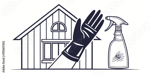 A gloved hand holding a spray bottle in front of a house, ready for cleaning.