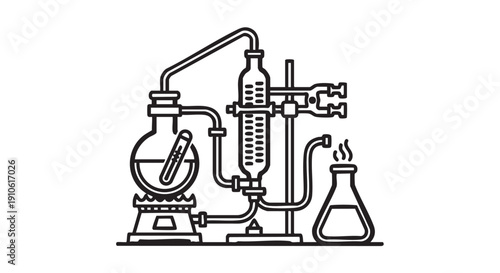 Laboratory equipment setup for distillation process in a chemistry lab from a front viewpoint
